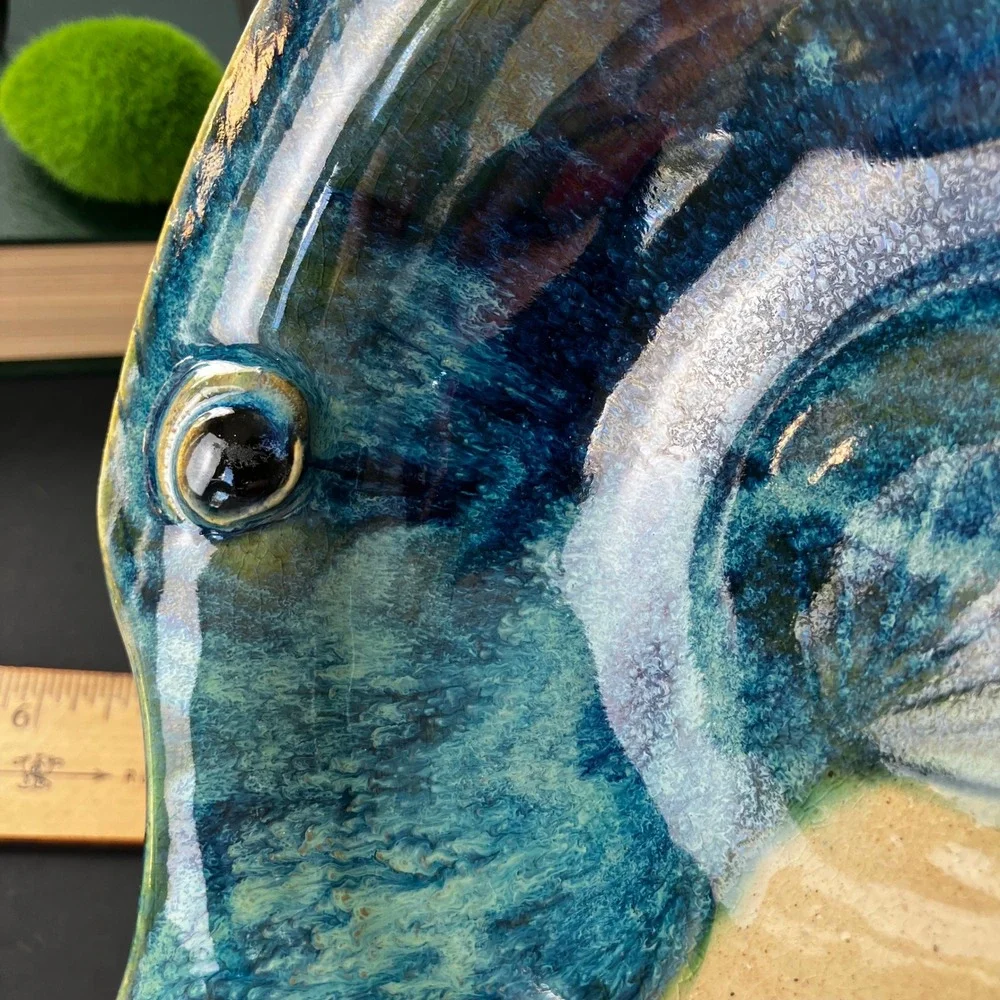 James Lawson Pottery Fish Bowl 1994 Vintage Blue Teal Drip Glaze Handcrafted Art